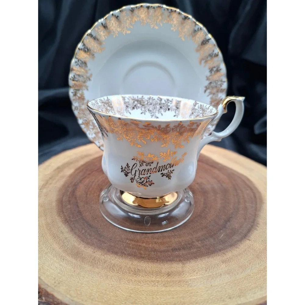 Royal Albert Grandmother Teacup and Saucer Set Gold Filigree Bone China England